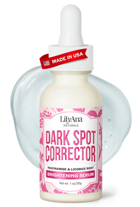 LilyAna Naturals Dark Spot Corrector bottle closeup for clearer, more even skin tone.