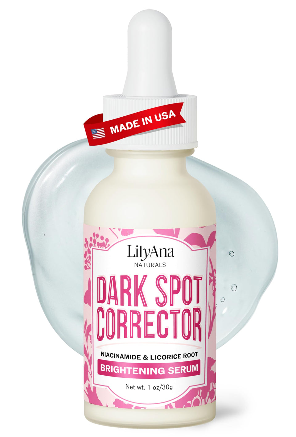LilyAna Naturals Dark Spot Corrector bottle closeup for clearer, more even skin tone.