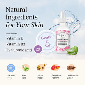 LilyAna Naturals Dark Spot Corrector serum texture showing lightweight, fast-absorbing formula.