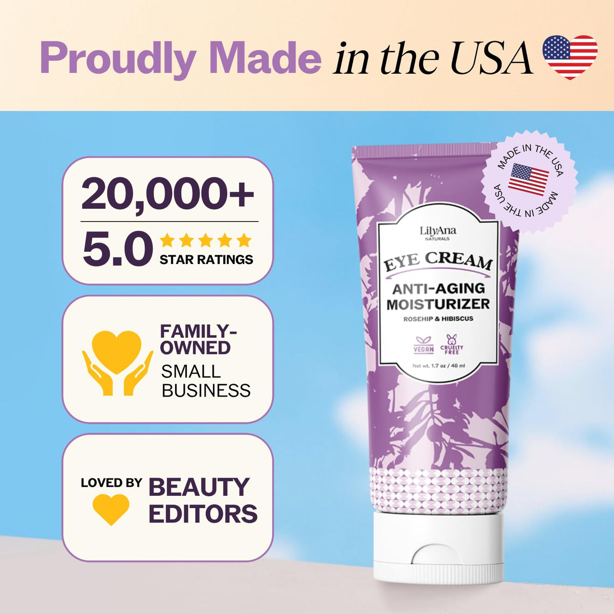LilyAna Naturals Eye Cream front packaging highlights 1.7 oz jar size.