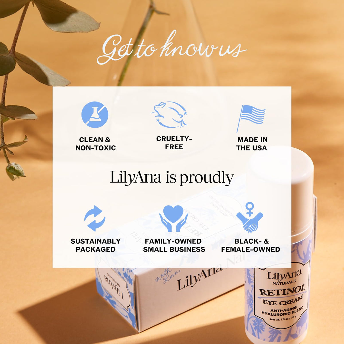 LilyAna Naturals Eye Cream packaging display highlights cruelty-free, clean ingredients.