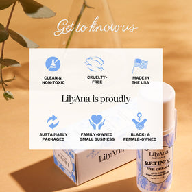 LilyAna Naturals Eye Cream packaging display highlights cruelty-free, clean ingredients.