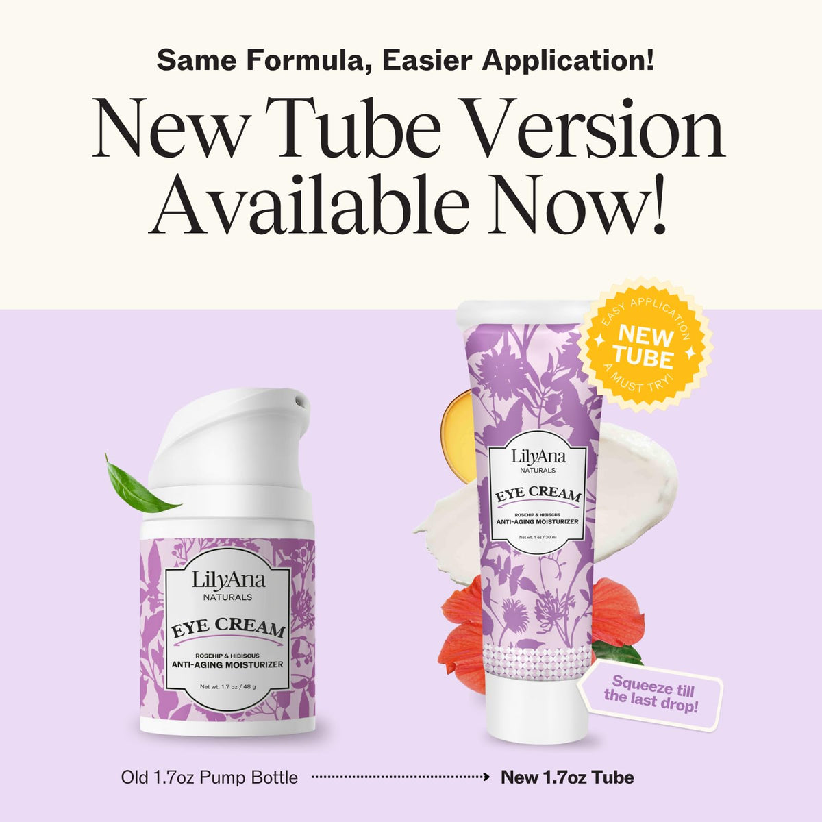 LilyAna Naturals eye cream reduces puffiness with rosehip and hibiscus complex.