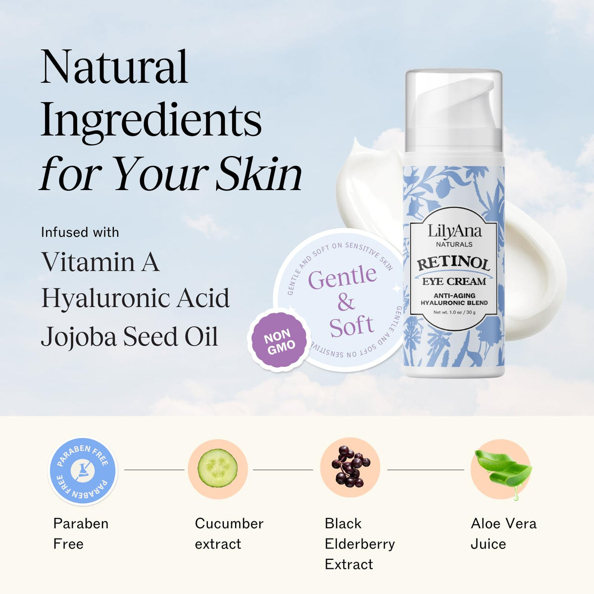 LilyAna Naturals Eye Cream texture swirl demonstrates creamy, fast-absorbing formula.