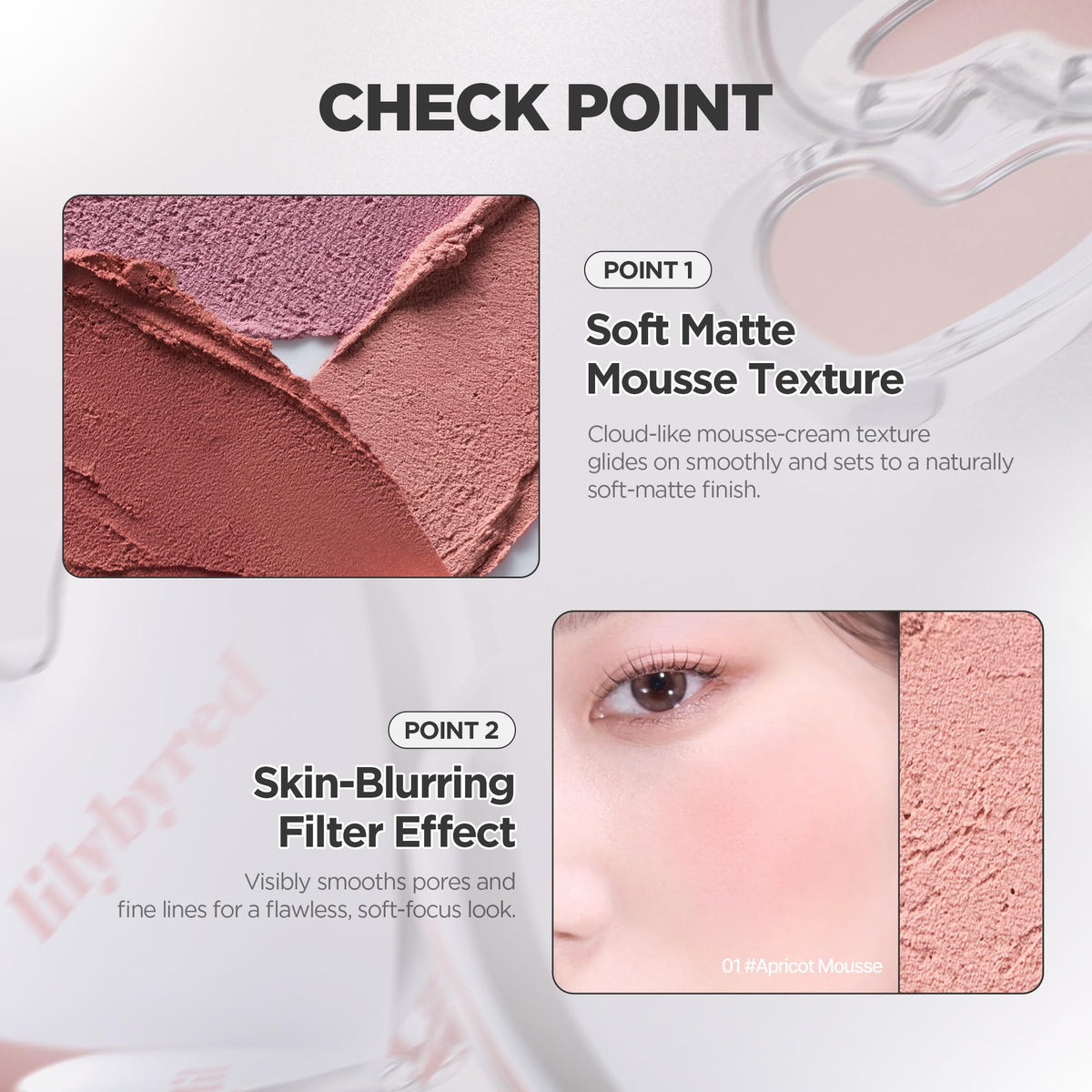 Lilybyred Luv Beam Cheek Mousse on skin highlights soft-matte finish and blurred pores.