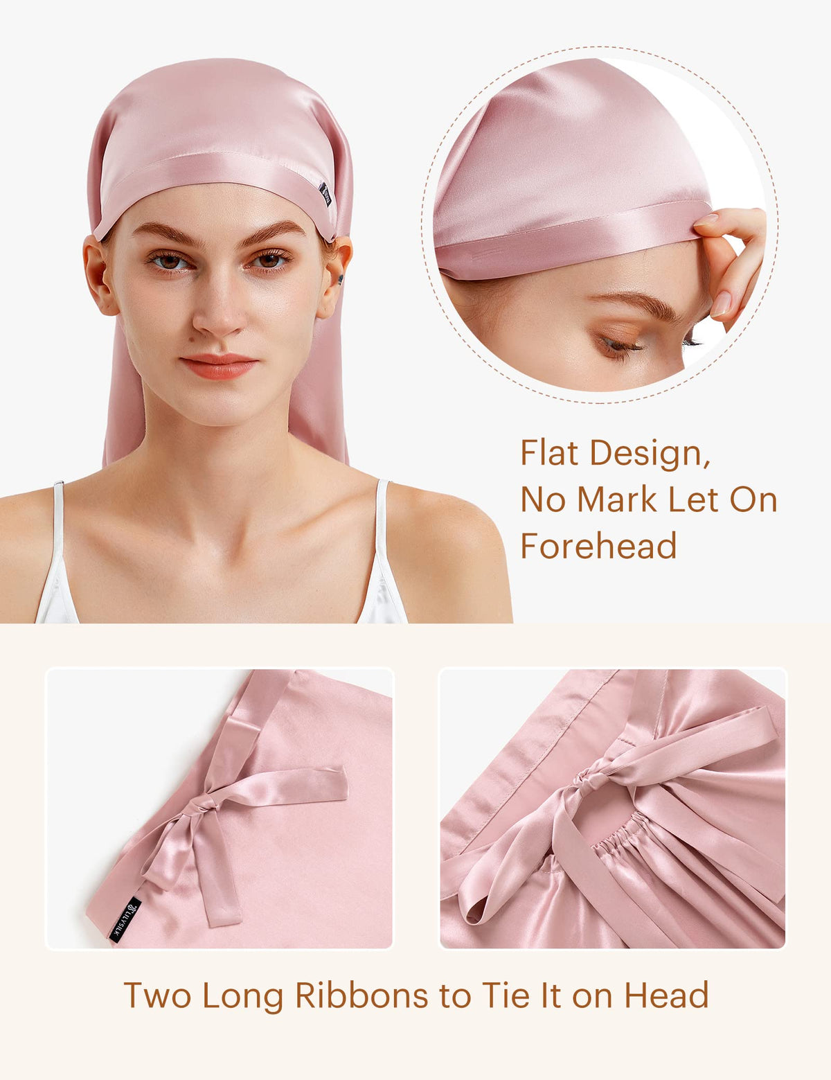 LilySilk cap with adjustable waistband and two ribbons prevents slipping