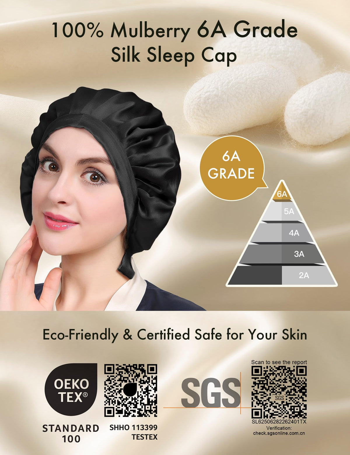LilySilk adjustable-drawstring bonnet fits most heads for comfortable all-night wear.