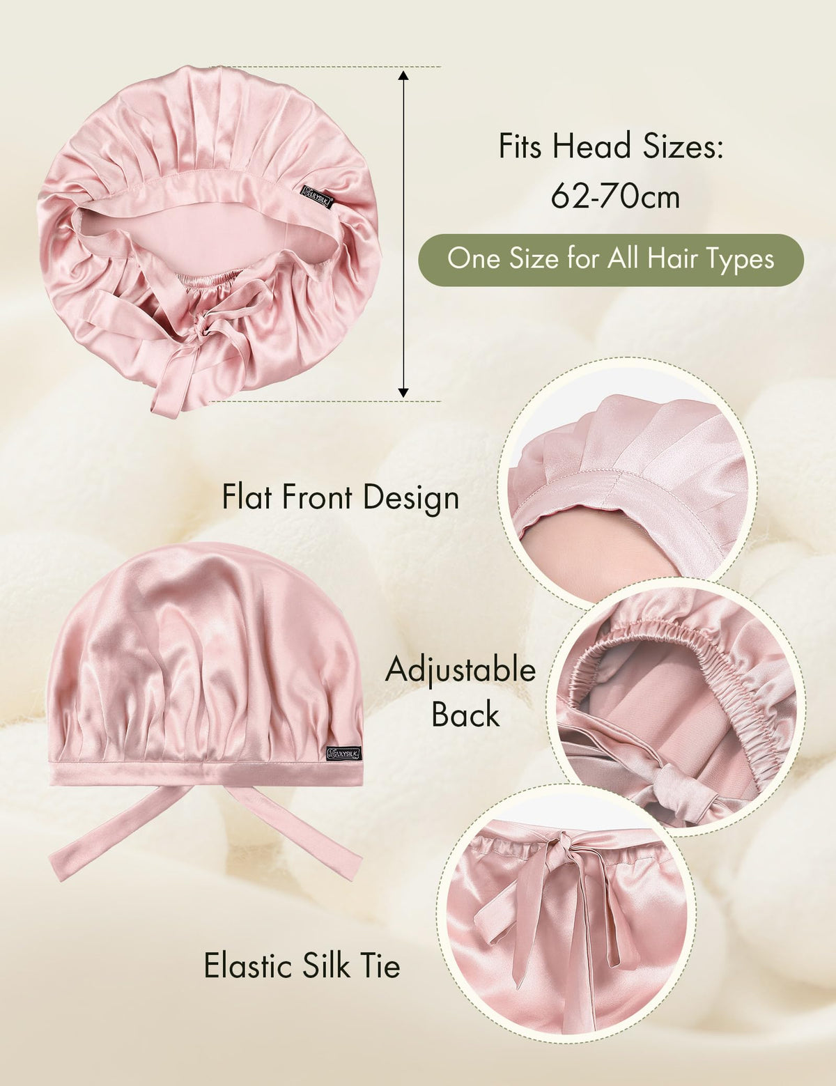 LilySilk Rosy Pink Silk Bonnet adjustable elastic drawstring for a secure, comfortable fit