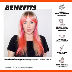 Lime Crime Neon Peach on hair demonstrates bold, peach shade for home transformation.