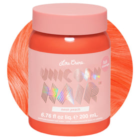 Lime Crime Neon Peach Unicorn Hair Dye bottle showing vibrant color for at-home use.