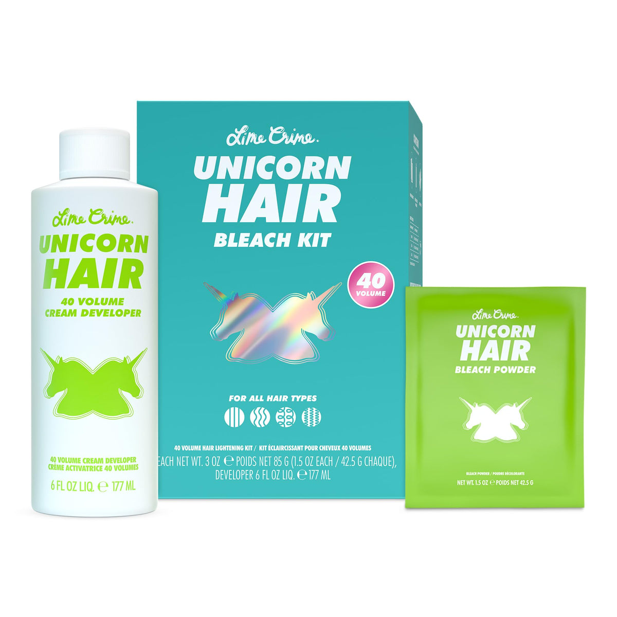 Lime Crime Unicorn Hair Bleach Kit front view with all components.