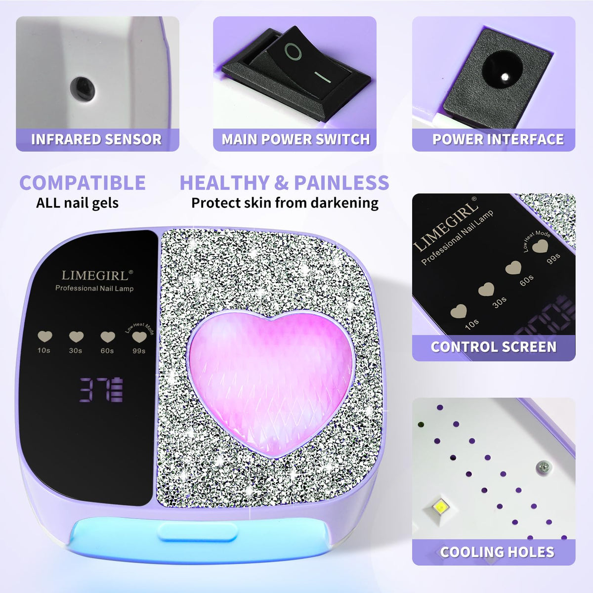 LimeGirl rhinestone cover with heart ambient light adds stylish glow.