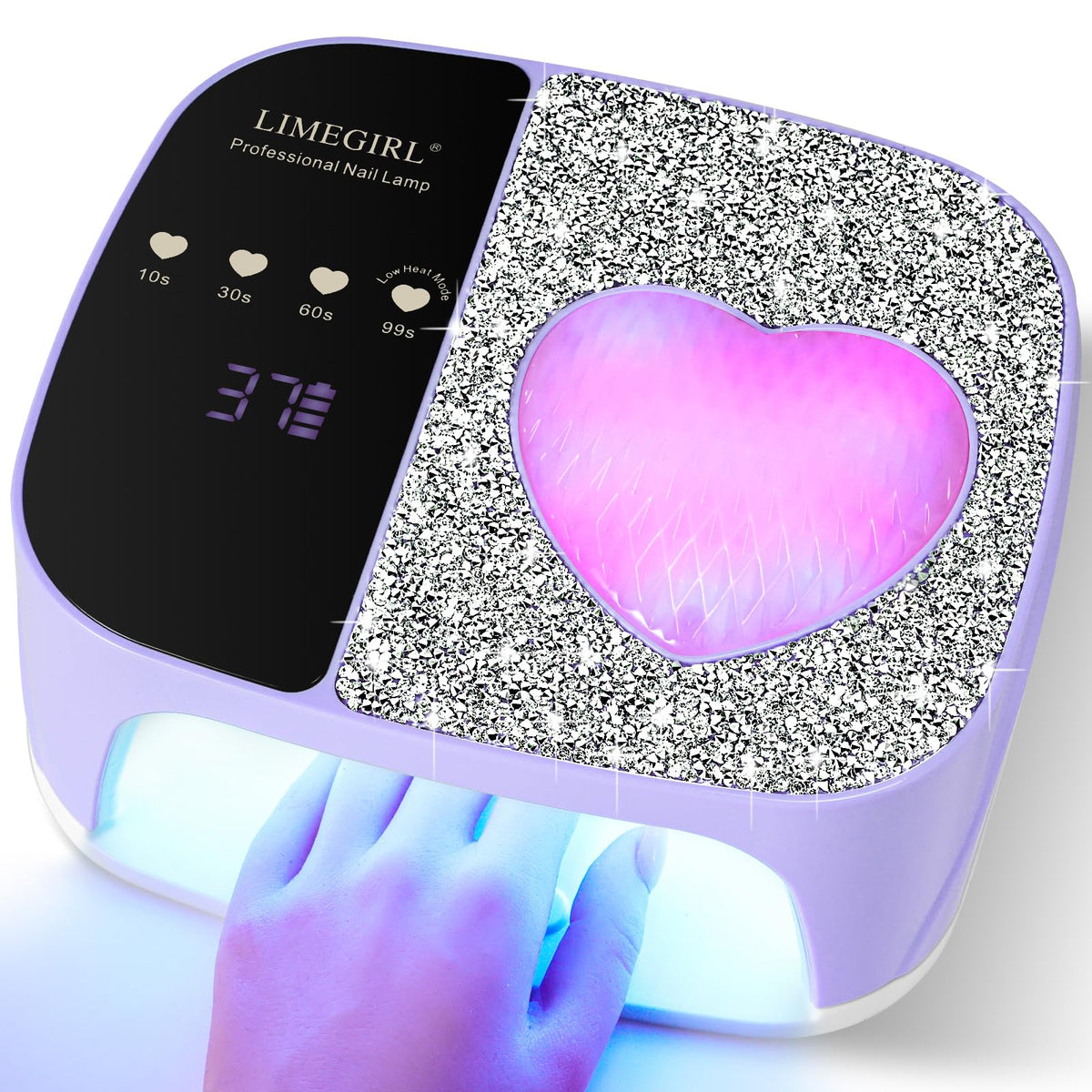 LimeGirl UV LED nail lamp front view highlights efficient gel curing for home use.