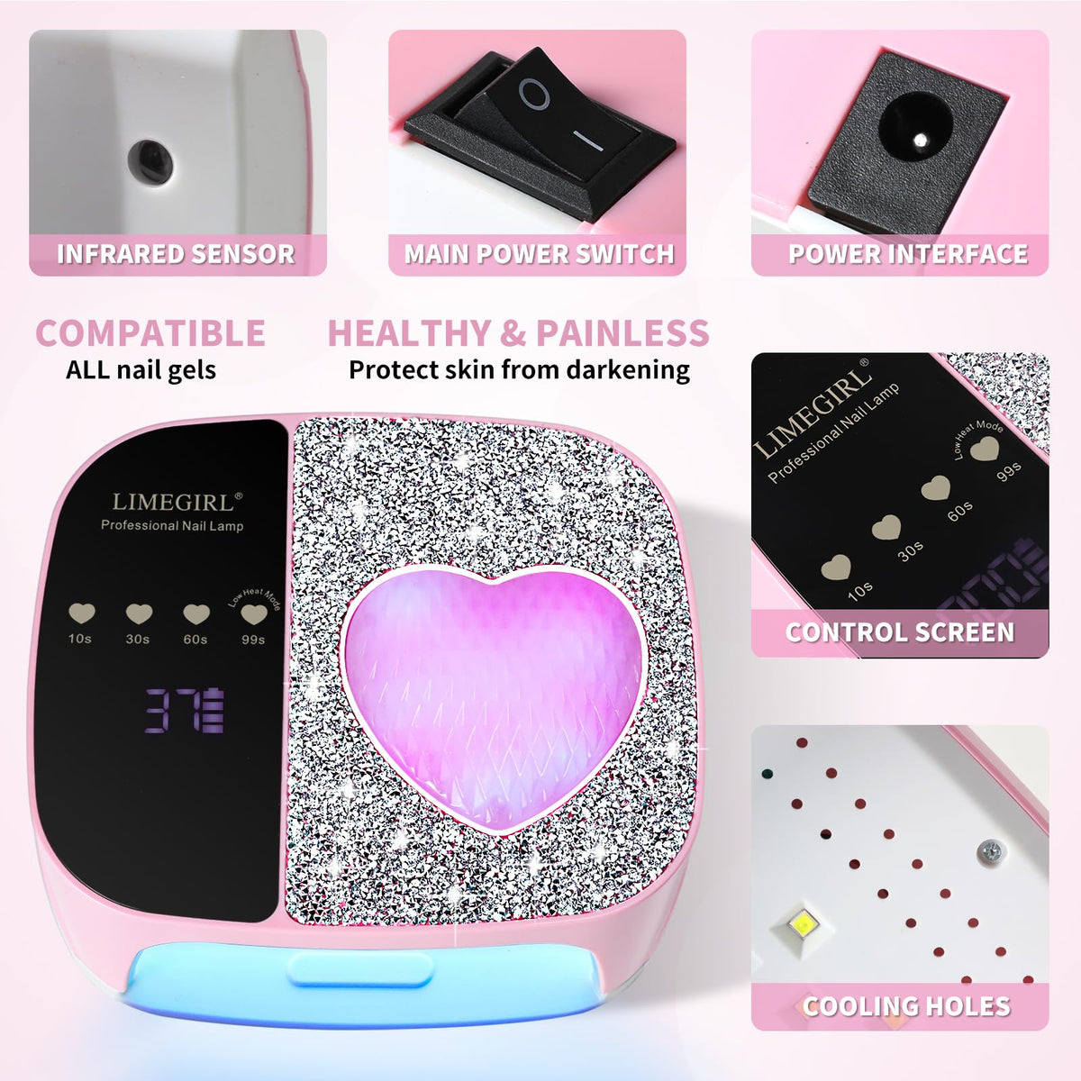 LimeGirl UV LED Nail Lamp Kit heart ambient light enhances mood at workstation