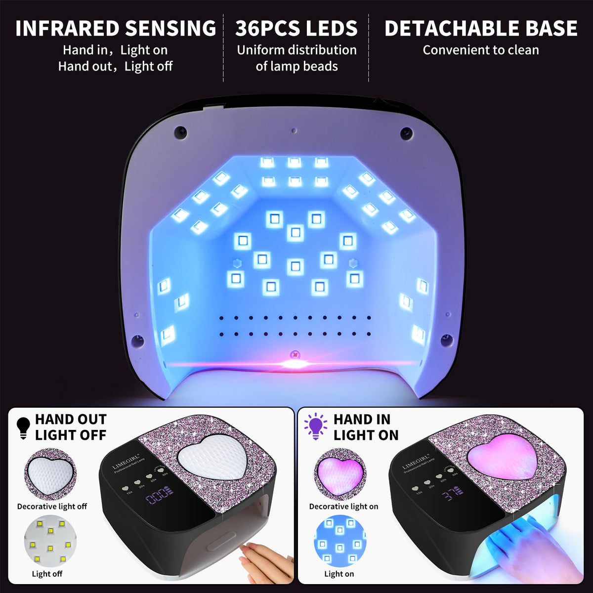 LimeGirl lamp side view highlights cordless operation for untethered manicures