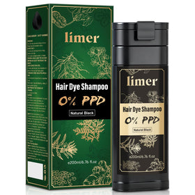 Limer Hair Dye Shampoo bottle demonstrates gentle, PPD-free color for sensitive scalps.