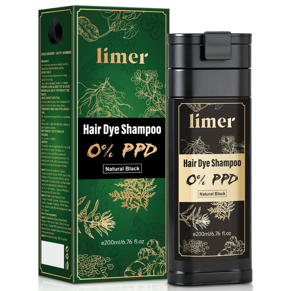 Limer Hair Dye Shampoo bottle demonstrates gentle, PPD-free color for sensitive scalps.