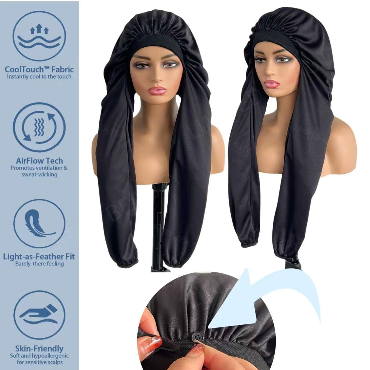 Limited Beauty black color bonnet suitable for long hair care.