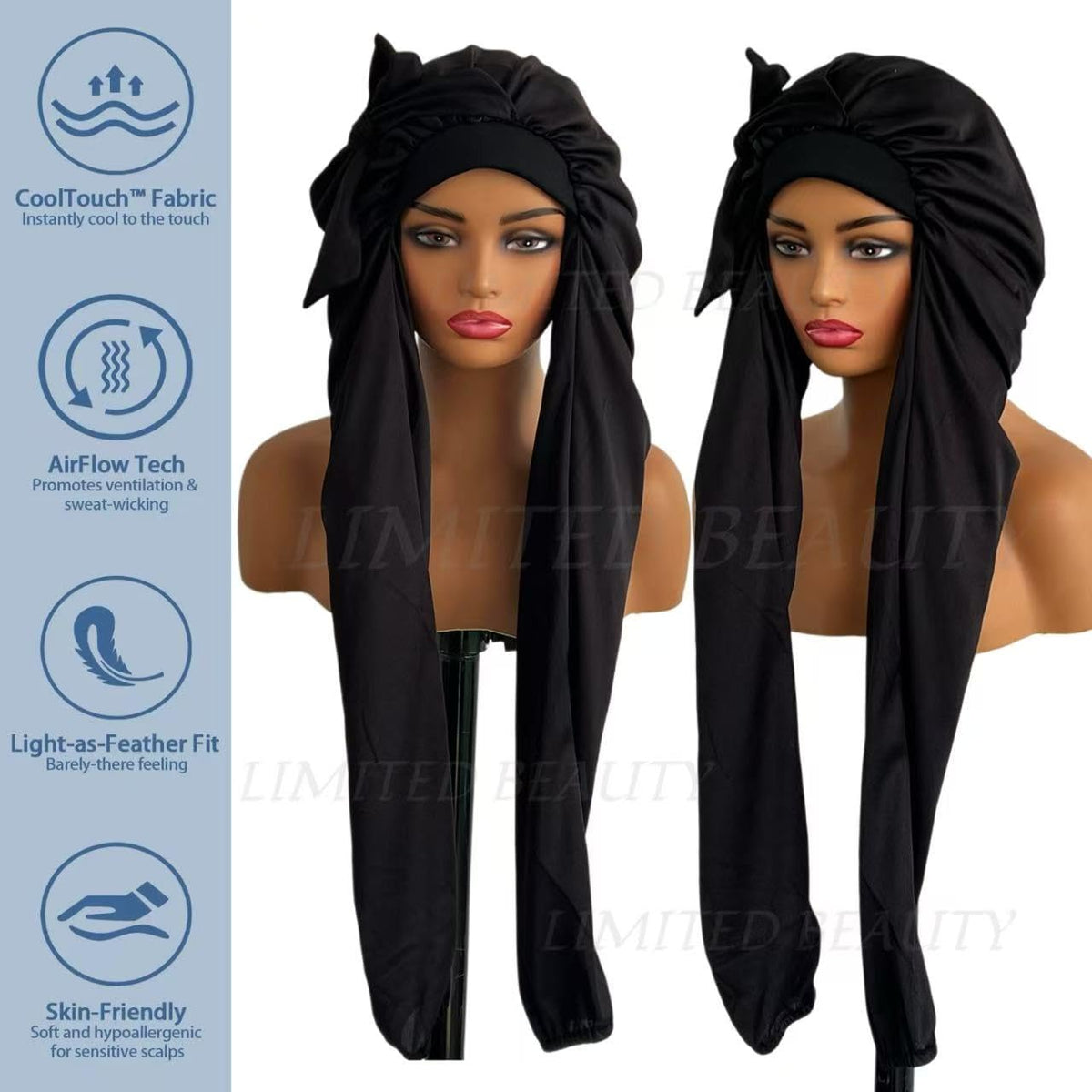 Limited Beauty sleeping bonnet features breathable fabric to keep you cool.