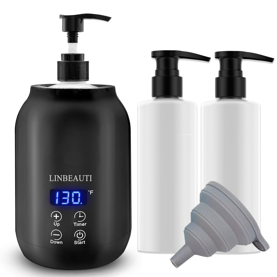 LINBEAUTI massage oil warmer top view with twin dispensers for quick, even heating