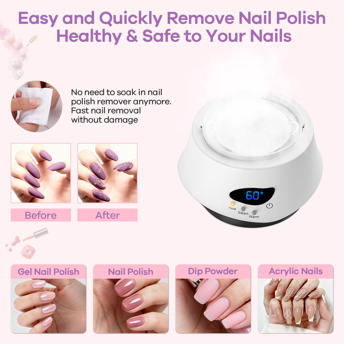 Linbeauti nail steamer hands-in-chamber setup enables safe, convenient gel removal.