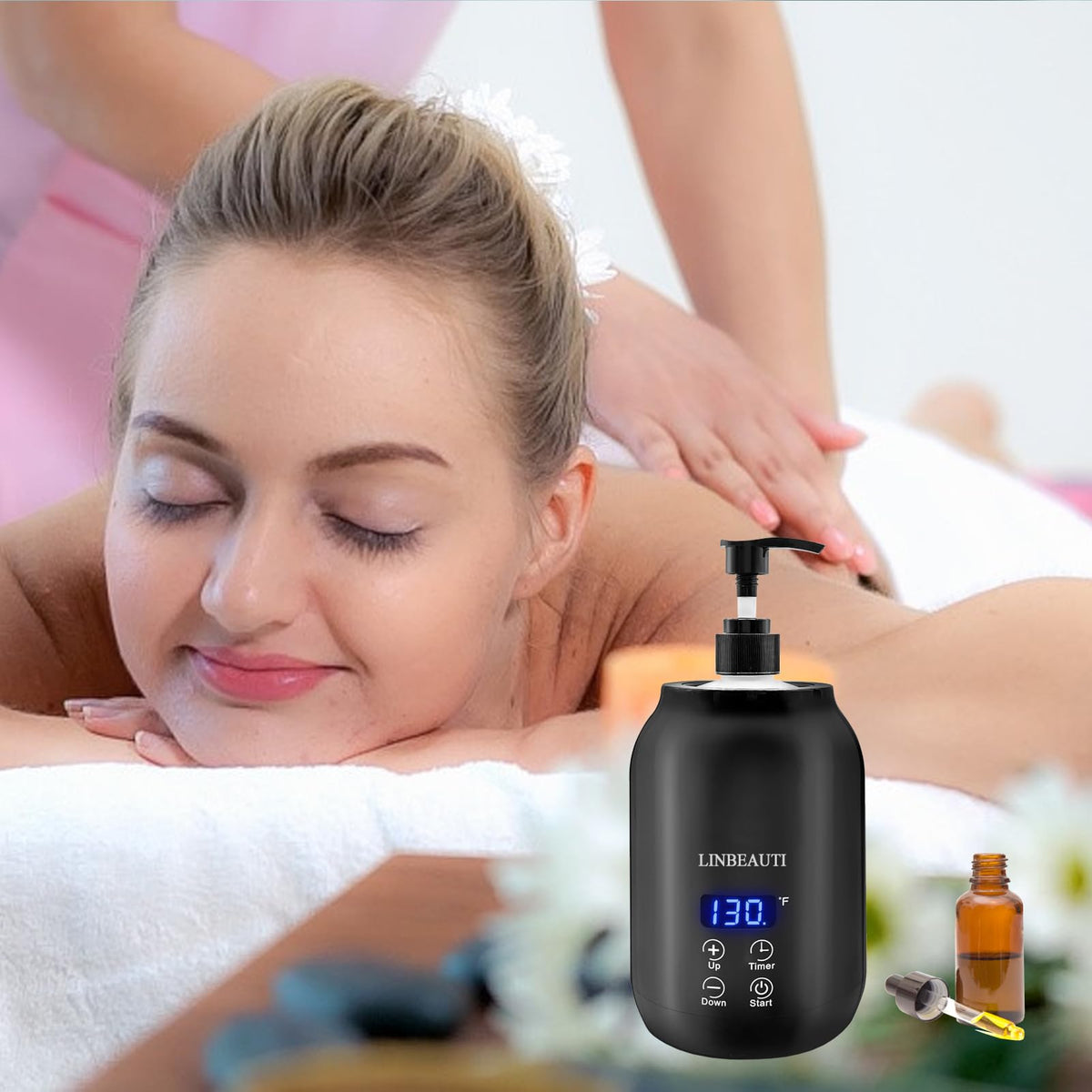LINBEAUTI compact, portable warmer shown in a home spa setup