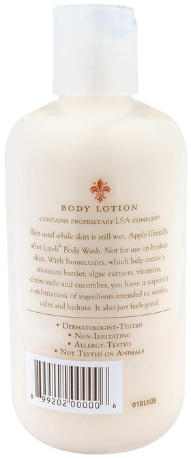 Lindi Skin body lotion label close-up showing antioxidant-rich formula.