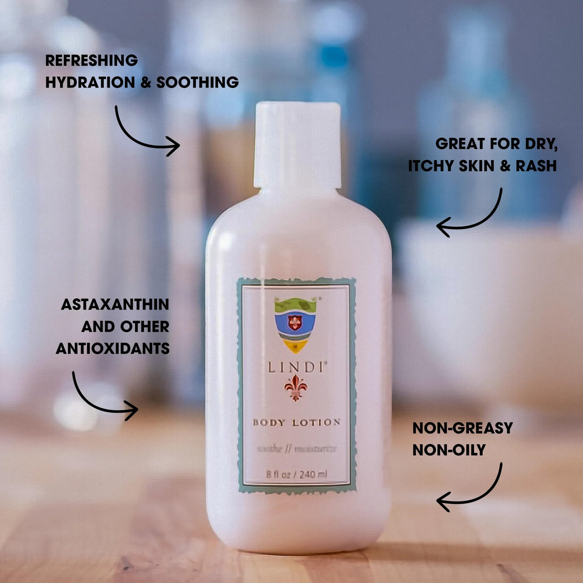 Creamy texture close-up of Lindi Skin body lotion for gentle hydration.