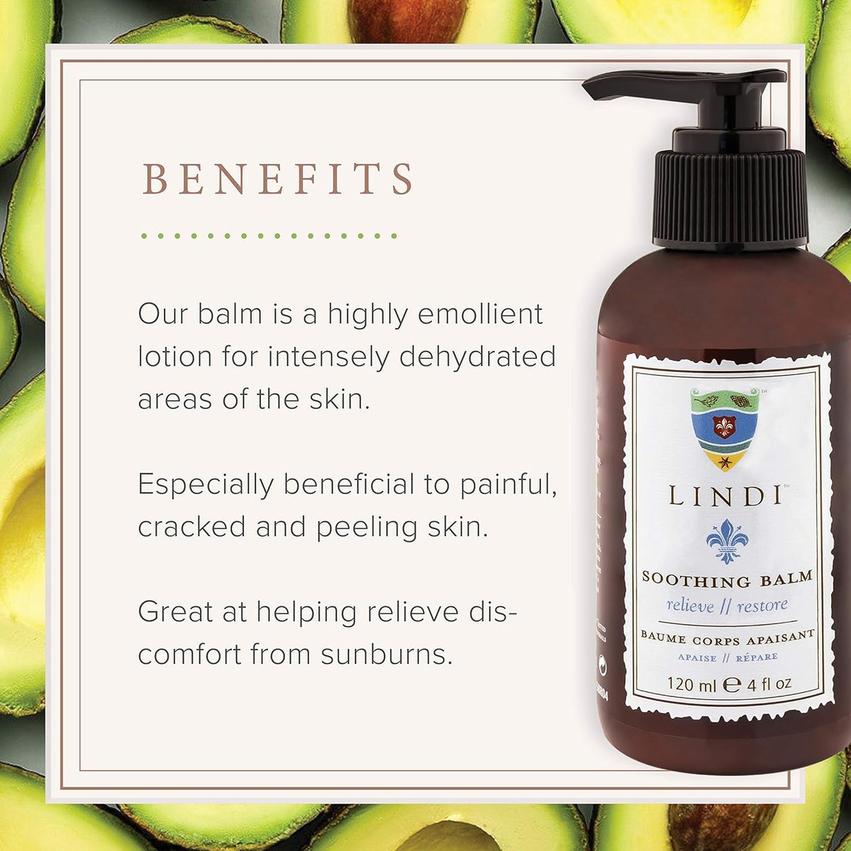 Avocado oil-rich formulation of Lindi Skin Soothing Balm for deep hydration.