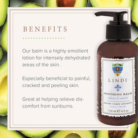 Avocado oil-rich formulation of Lindi Skin Soothing Balm for deep hydration.