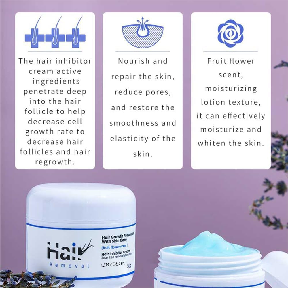 LINEDSON hair inhibitor cream texture close-up showing creamy lavender formula
