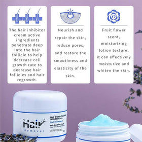 LINEDSON hair inhibitor cream texture close-up showing creamy lavender formula