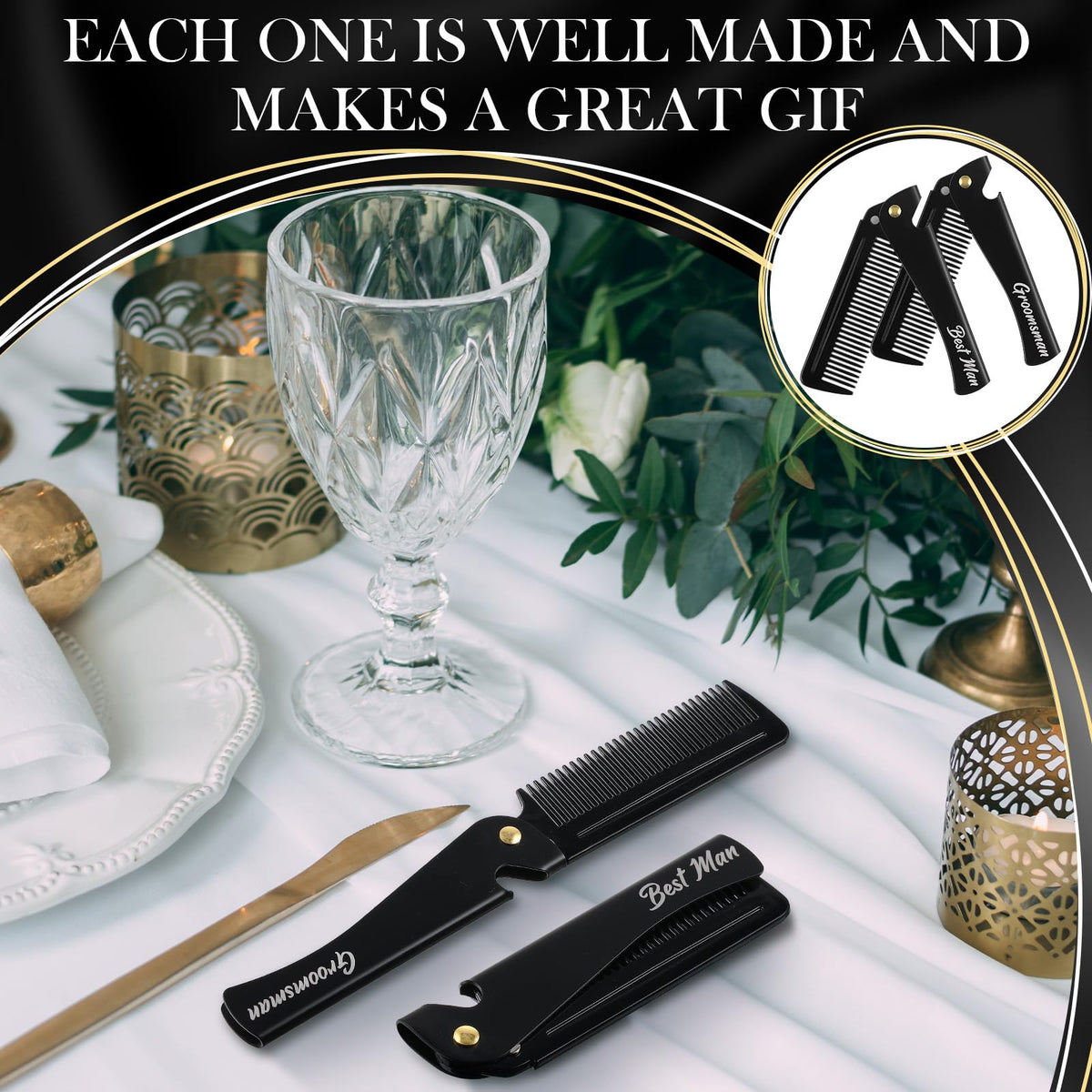 Lineshading groomsmen gift package featuring six stainless steel folding combs.