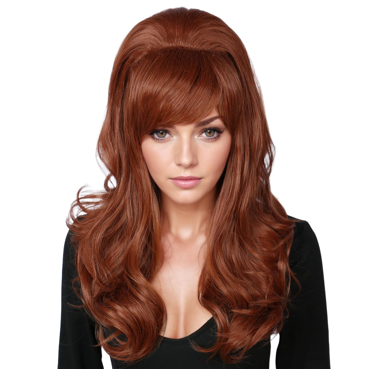 Linfairy long wavy auburn copper wig with beehive style for retro looks