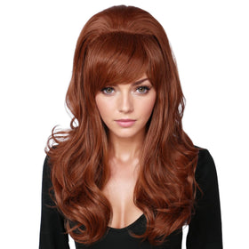 Linfairy long wavy auburn copper wig with beehive style for retro looks