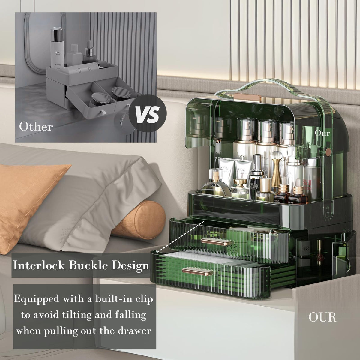 LINFIDITE versatile display on counter or dresser keeps cosmetics neatly arranged.