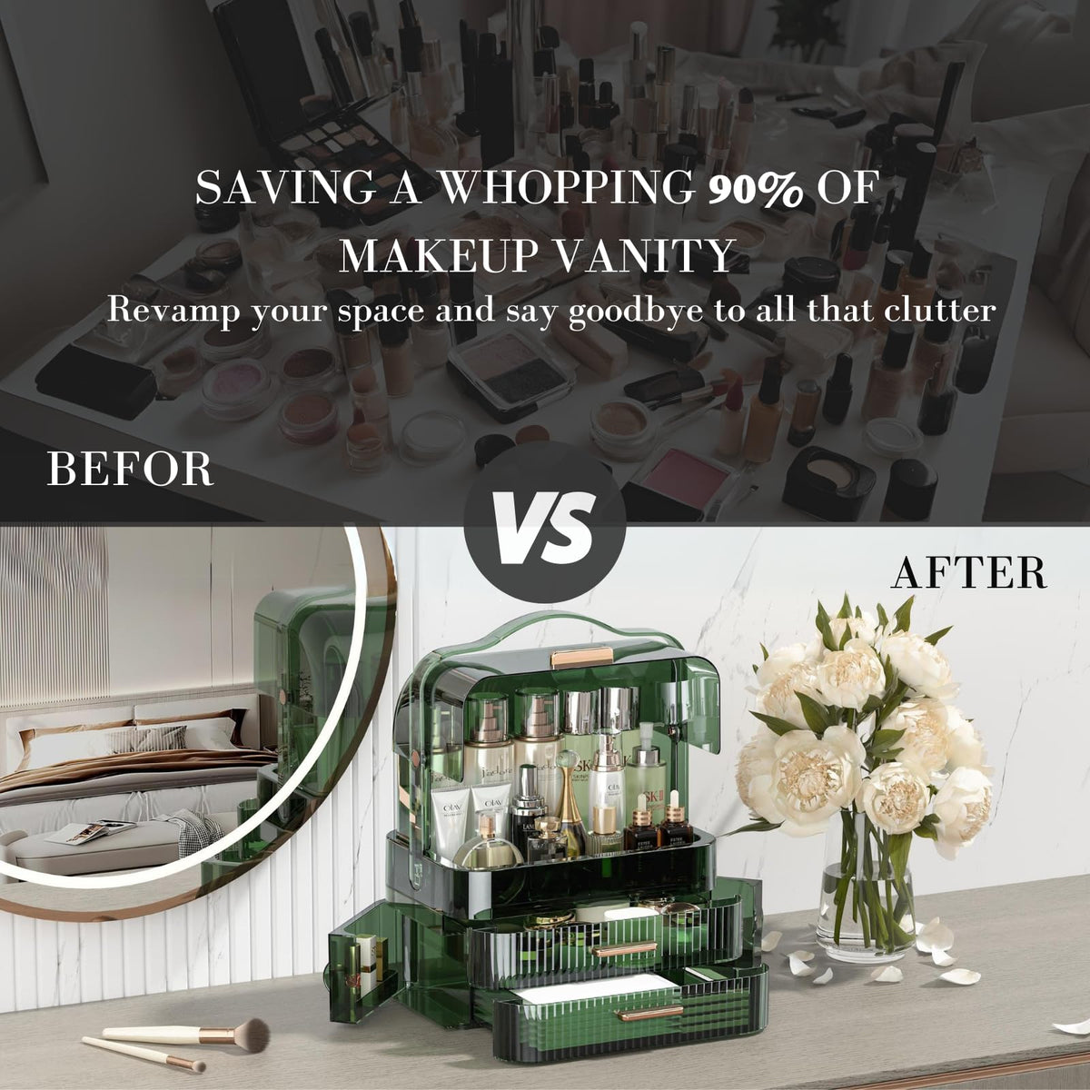 LINFIDITE dustproof and waterproof holder protects cosmetics in any room.