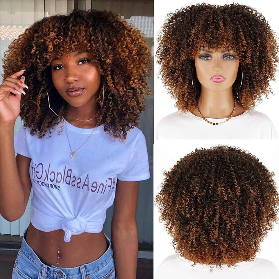 LINGHANG short curly afro wig front view shows fluffy natural curls for daily wear
