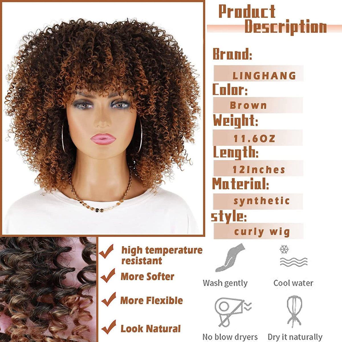 LINGHANG short curly afro wig side view shows versatile everyday look with soft curls