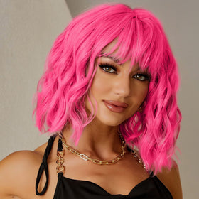 LINGHANG short pink wig with bangs for natural look and quick styling.