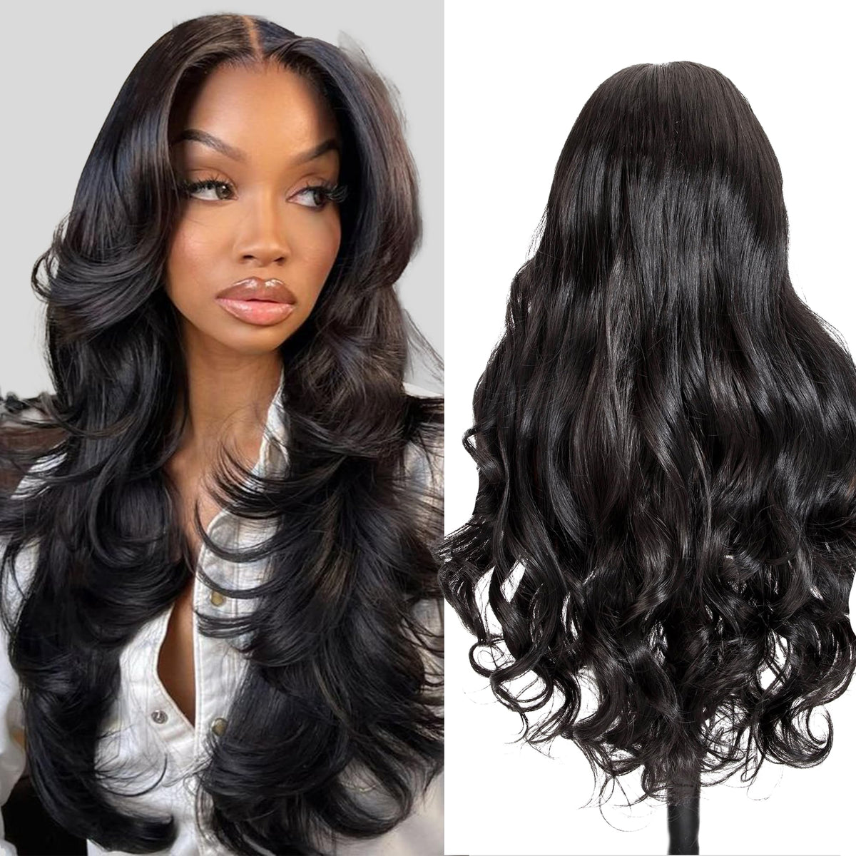 Linrkeyy synthetic 13x6 HD lace front wig with body wave for natural daily wear.