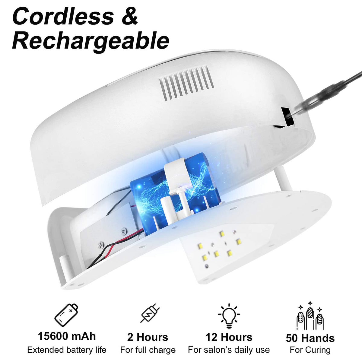 Linssy 60W nail lamp side view highlighting portable cordless operation.