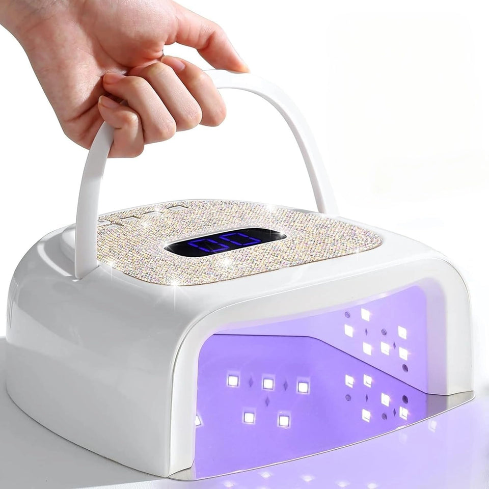 Linssy 60W UV LED nail lamp front view with portable handle for quick gel curing.