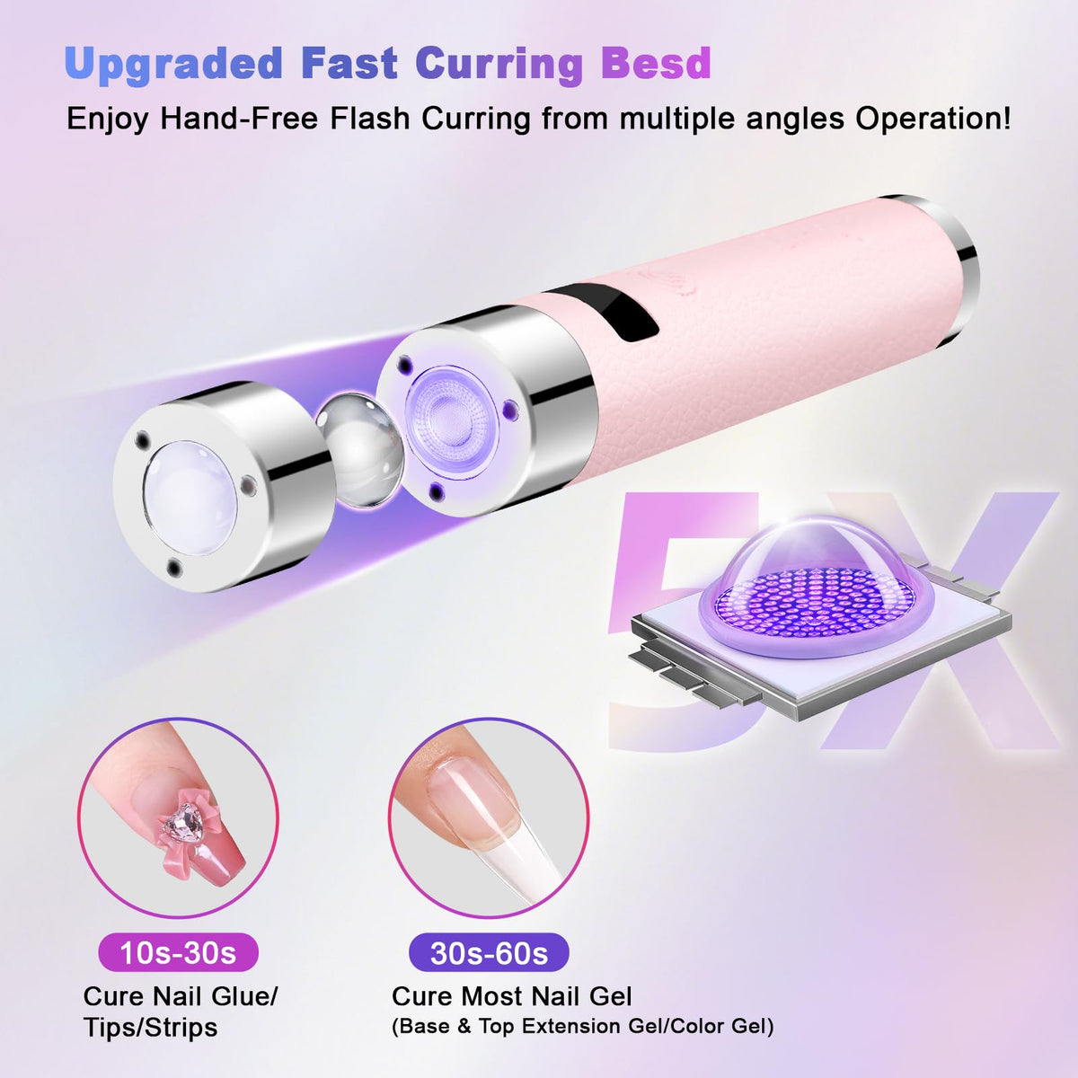 Crystal LED beads deliver focused light for faster gel nail curing.