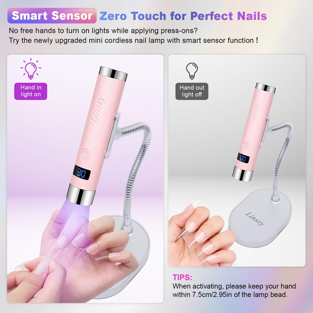 Linssy mini UV light auto-sensor activates with finger placement for hands-free curing.
