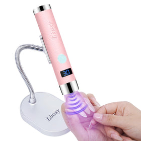 Linssy mini UV light with gooseneck stand enables hands-free gel nail curing.
