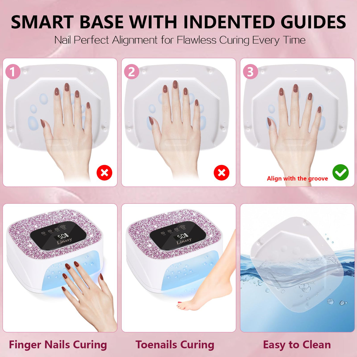 Linssy nail lamp with detachable base plate for hygienic cleaning.