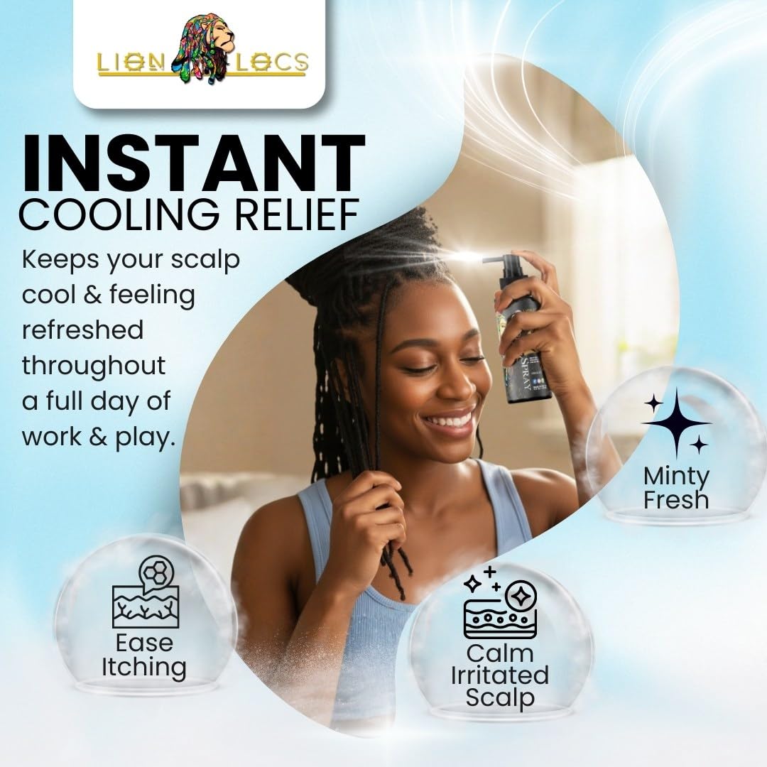 Lion Locs cooling spray mint sensation close-up highlighting refreshing mint for roots.