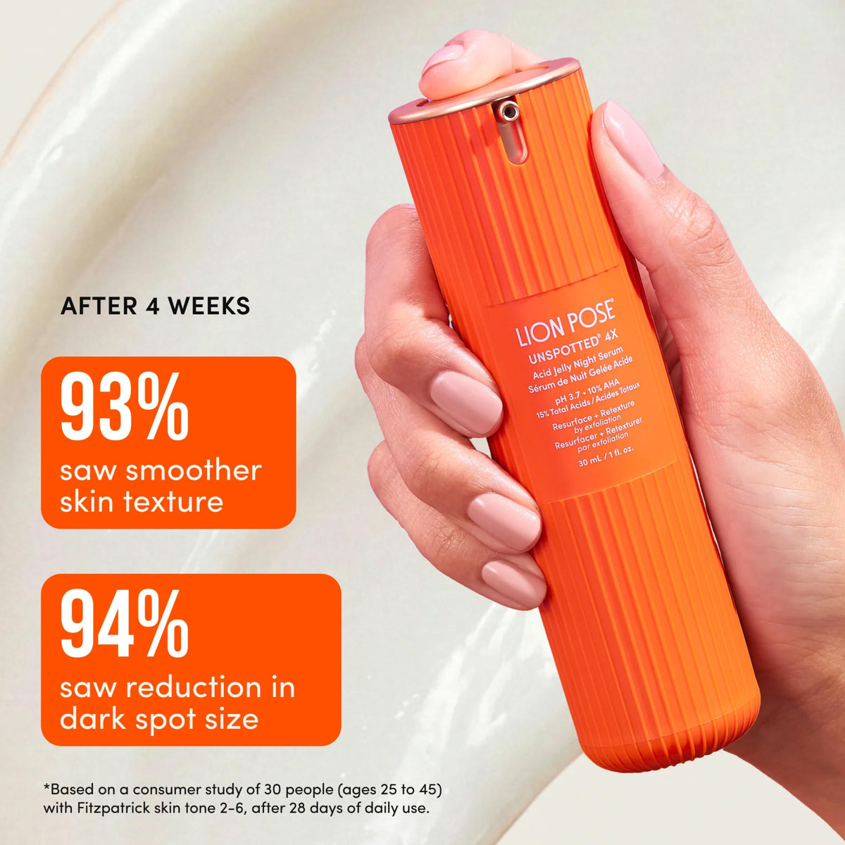 Close-up on the product label highlighting azelaic, glycolic, lactic acids.