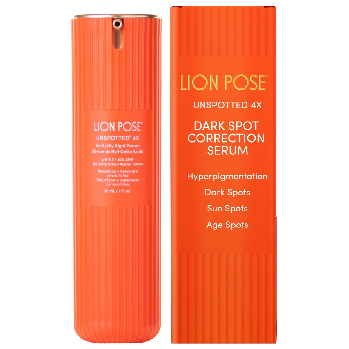 Lion Pose dark spot serum packaging highlights premium branding for night care.